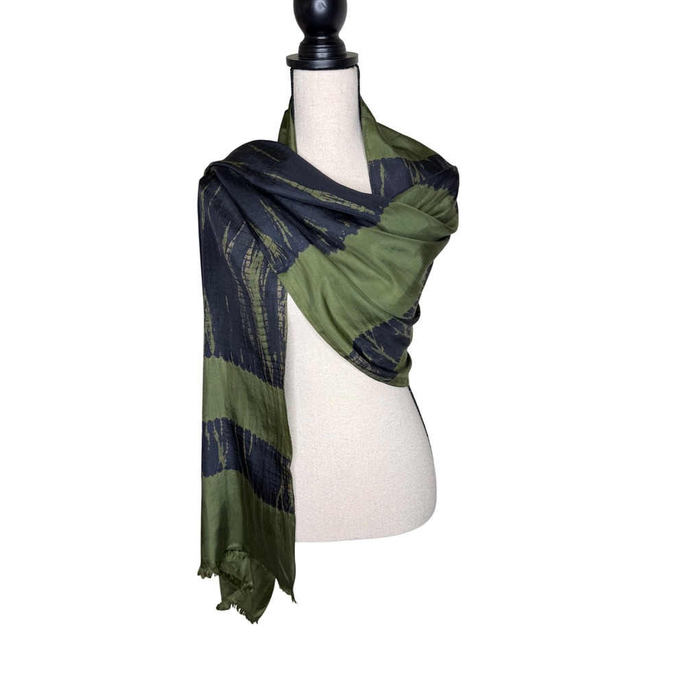 Eileen Fisher Silk Scarf/Wrap Dark Olive Green and Black Abstract Shibori Luxury